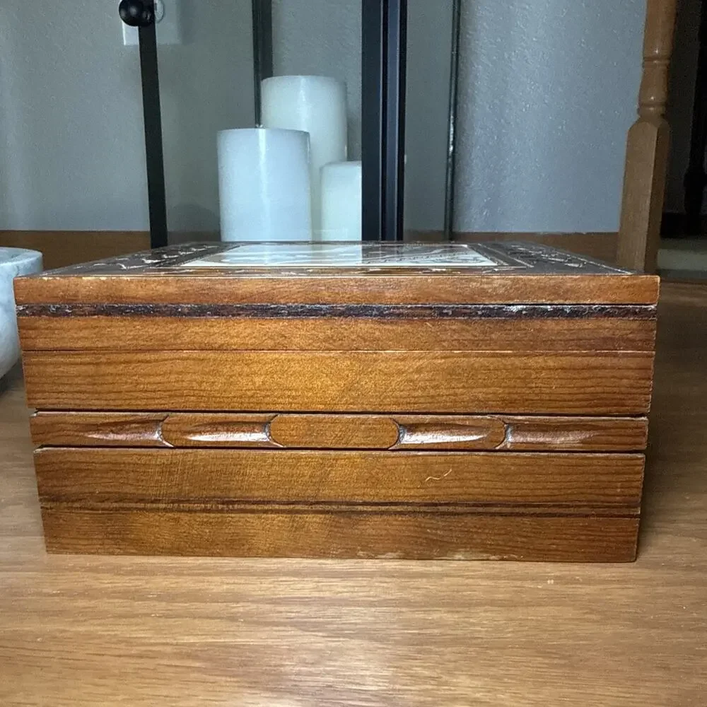Vintage Carved Wood Tile Top Box Boho Jewelry Keepsake Rustic Decor 7x7x3.25